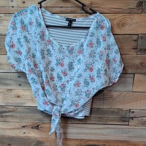 FANG Floral Tie-Front Blouse in White and Pink Cute Cheap Size M